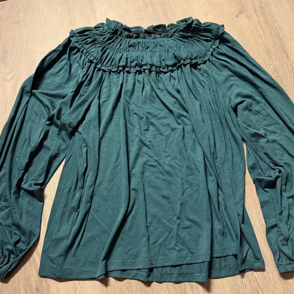 Ann Taylor Teal Ruffle-Neck Long Sleeve Top